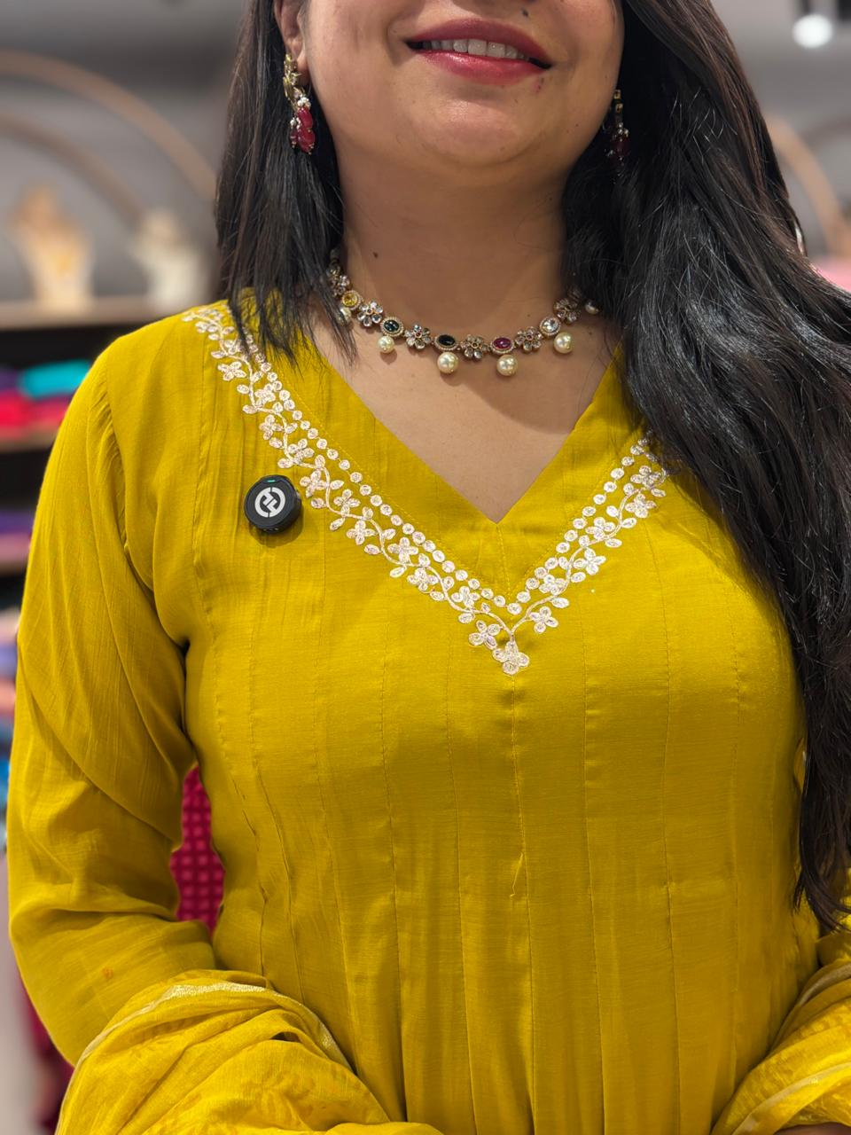 Yellow Mul Chanderi Anarkali Handwork Kurtha 621