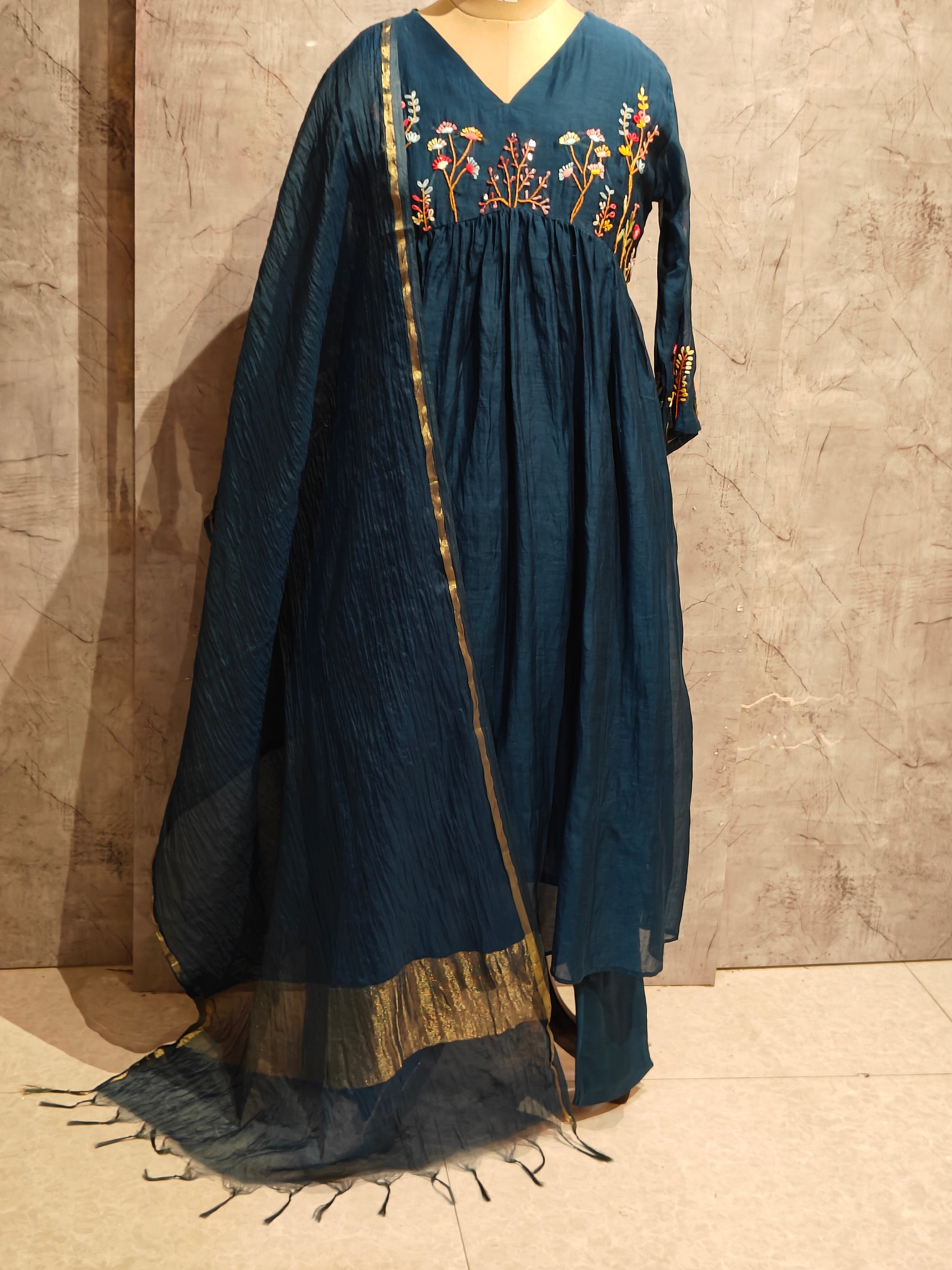 Blue Mul Chanderi Thread Embroidery kurtha 717