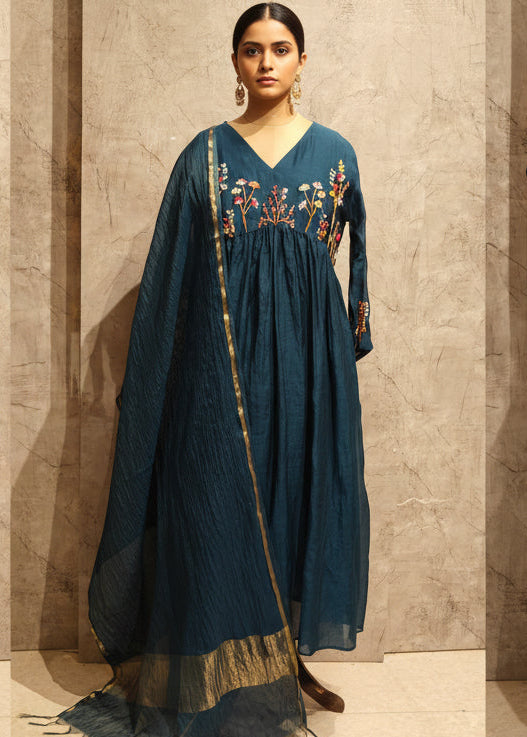 Blue Mul Chanderi Thread Embroidery kurtha 717