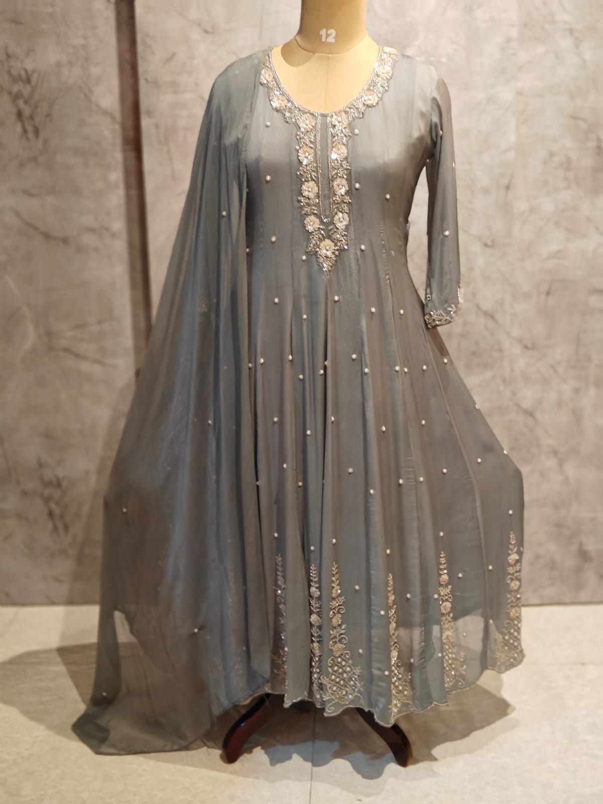 Grey Anarkali Chinnon Hand Embroidery Kurtha 567