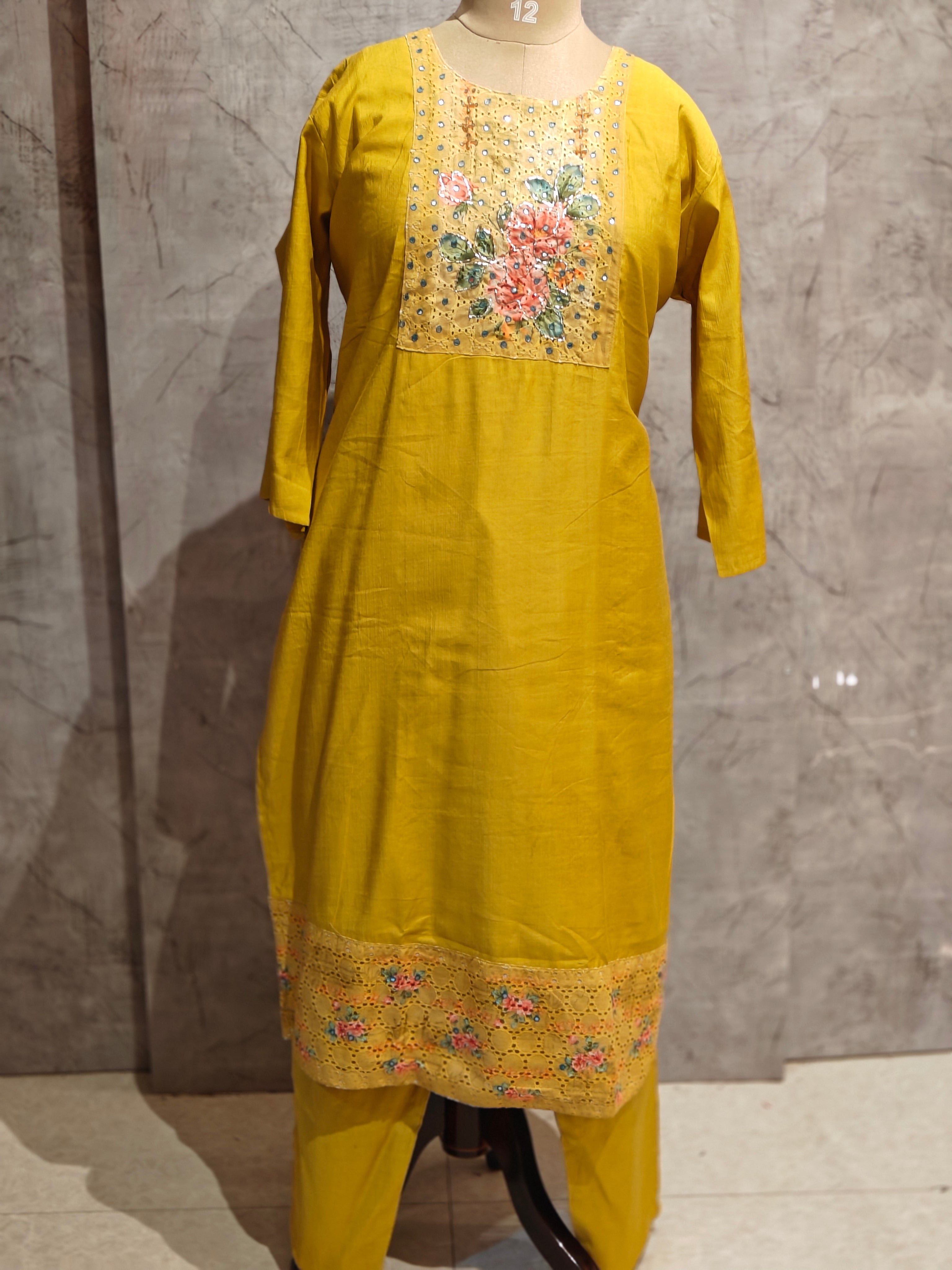 Yellow Dola Silk Handwork Straight Fit Plus Size Kurtha 427