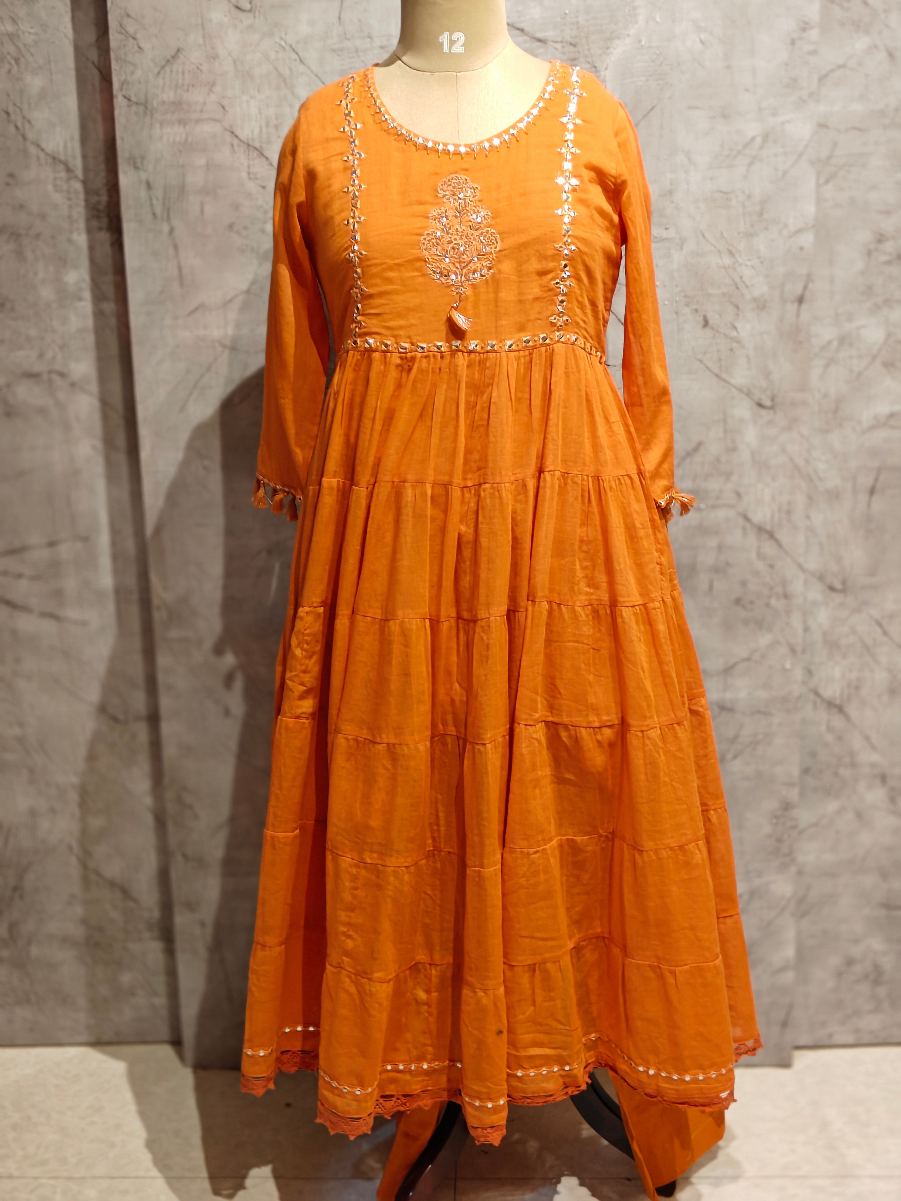 Orange Cotton Anarkali Mirror Work Kurtha 643