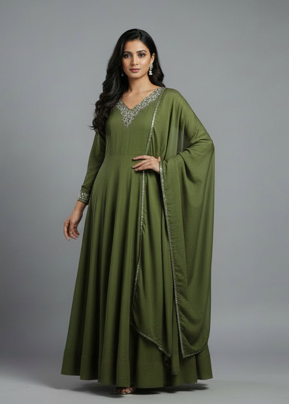 Green Mul Chanderilnd Embroidery Anarkali Kurtha 690