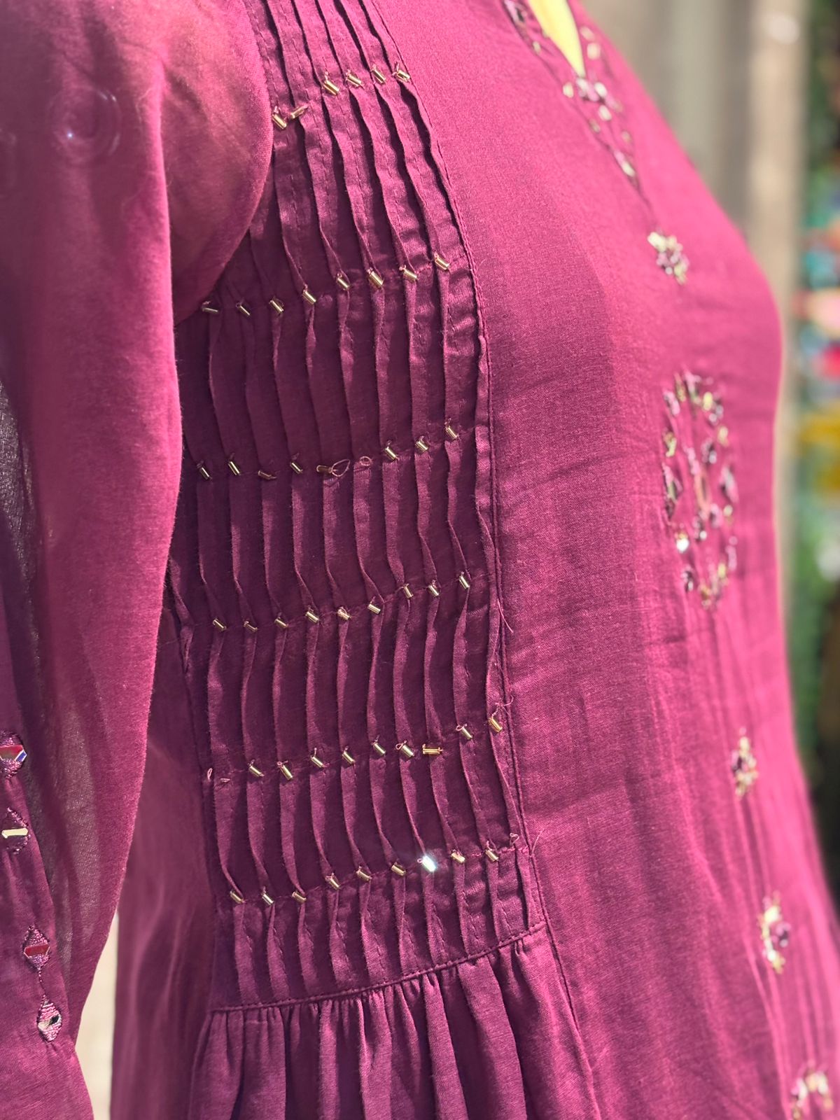 Purple Cotton Anarkali Mirror Work Kurtha 643