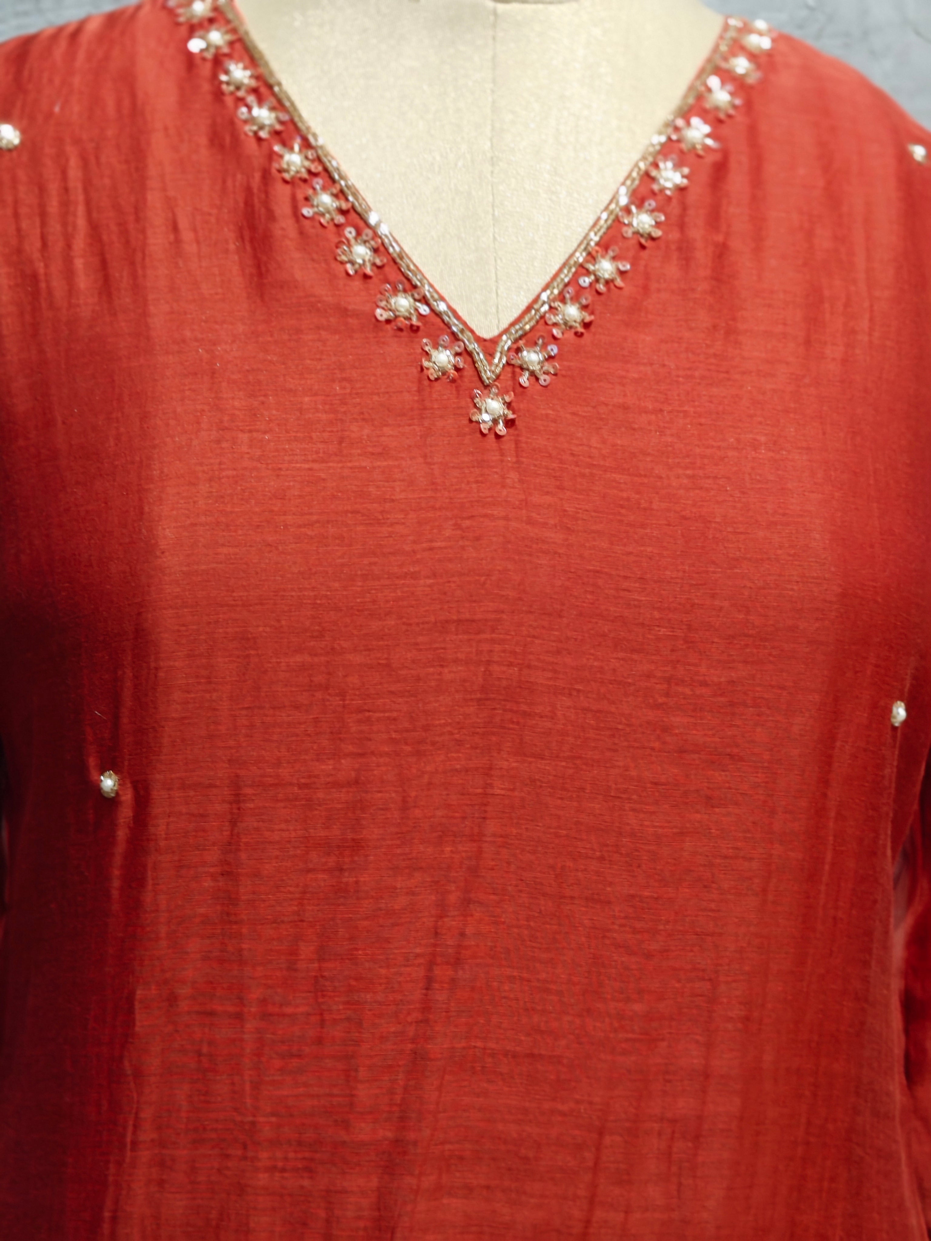 Orange Mul Chanderi Hand Embroidery Anarkali Kurtha 690