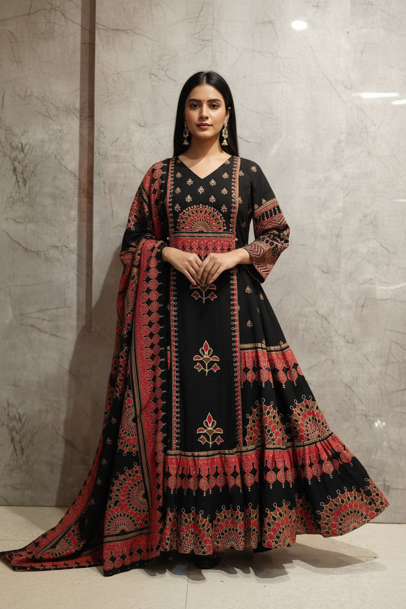 Black mul Cotton Anarkali Kurtha