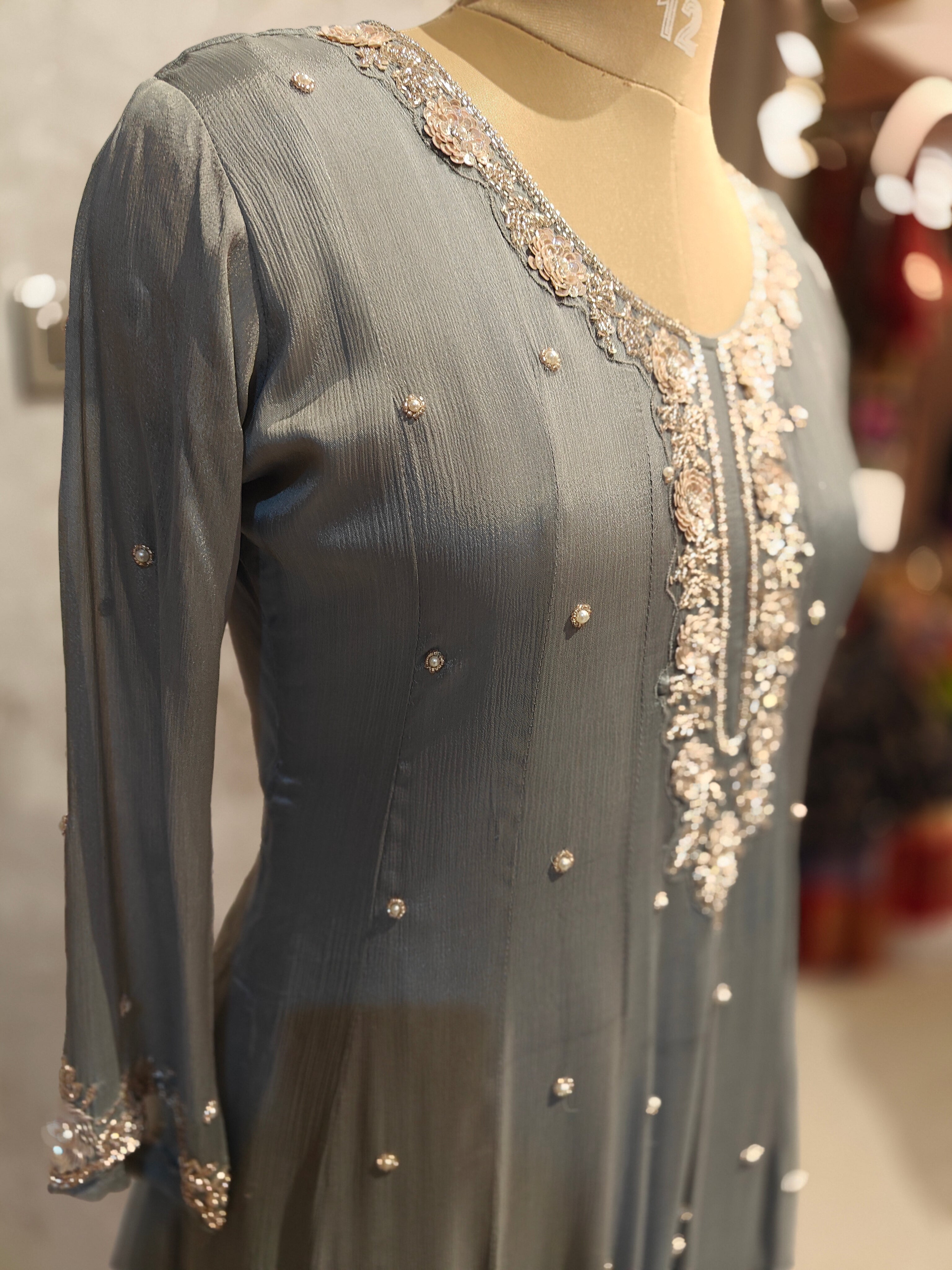 Grey Anarkali Chinnon Hand Embroidery Kurtha 567