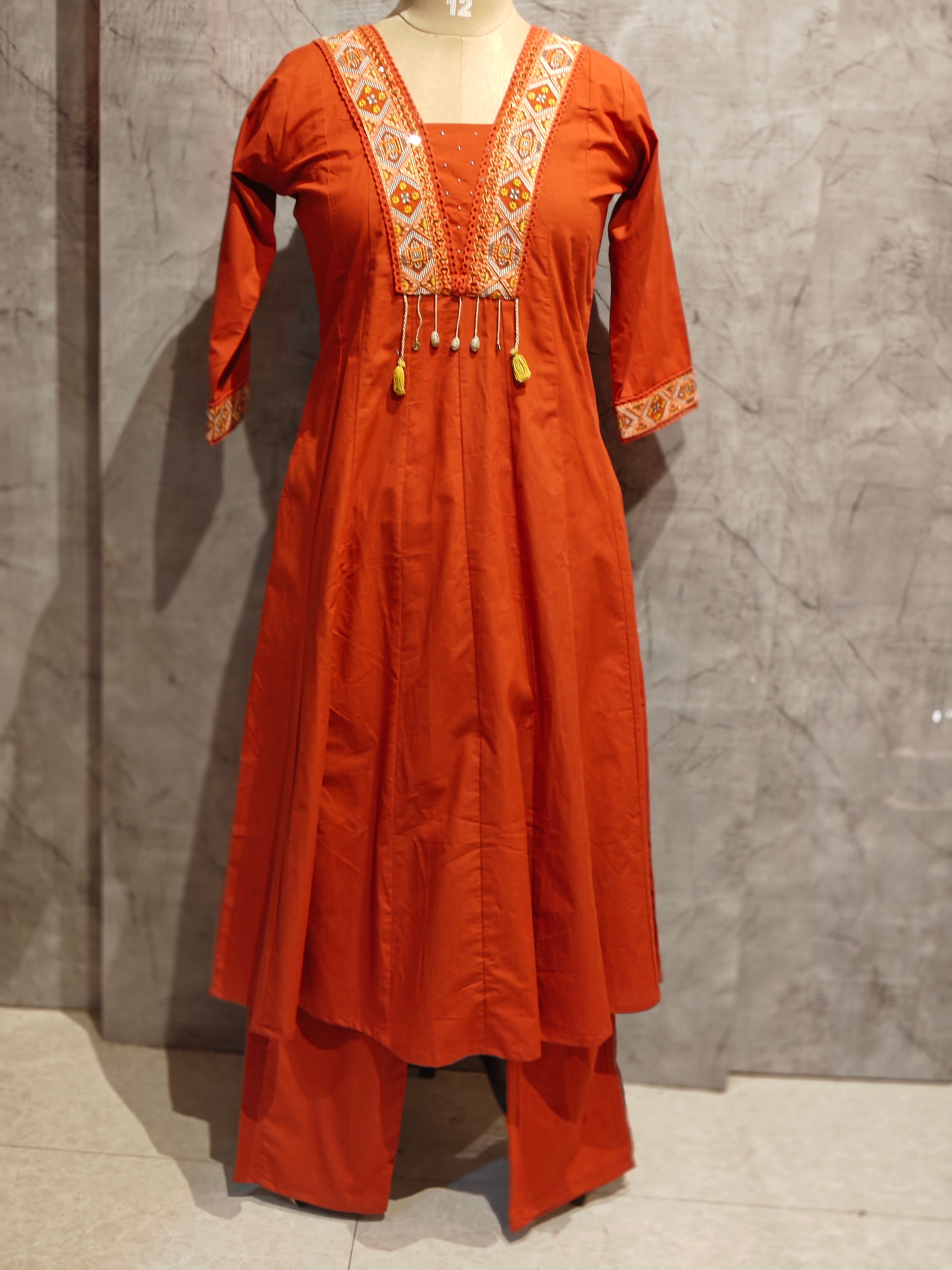 Orange Cotton Hand Embroidery Kurtha 646