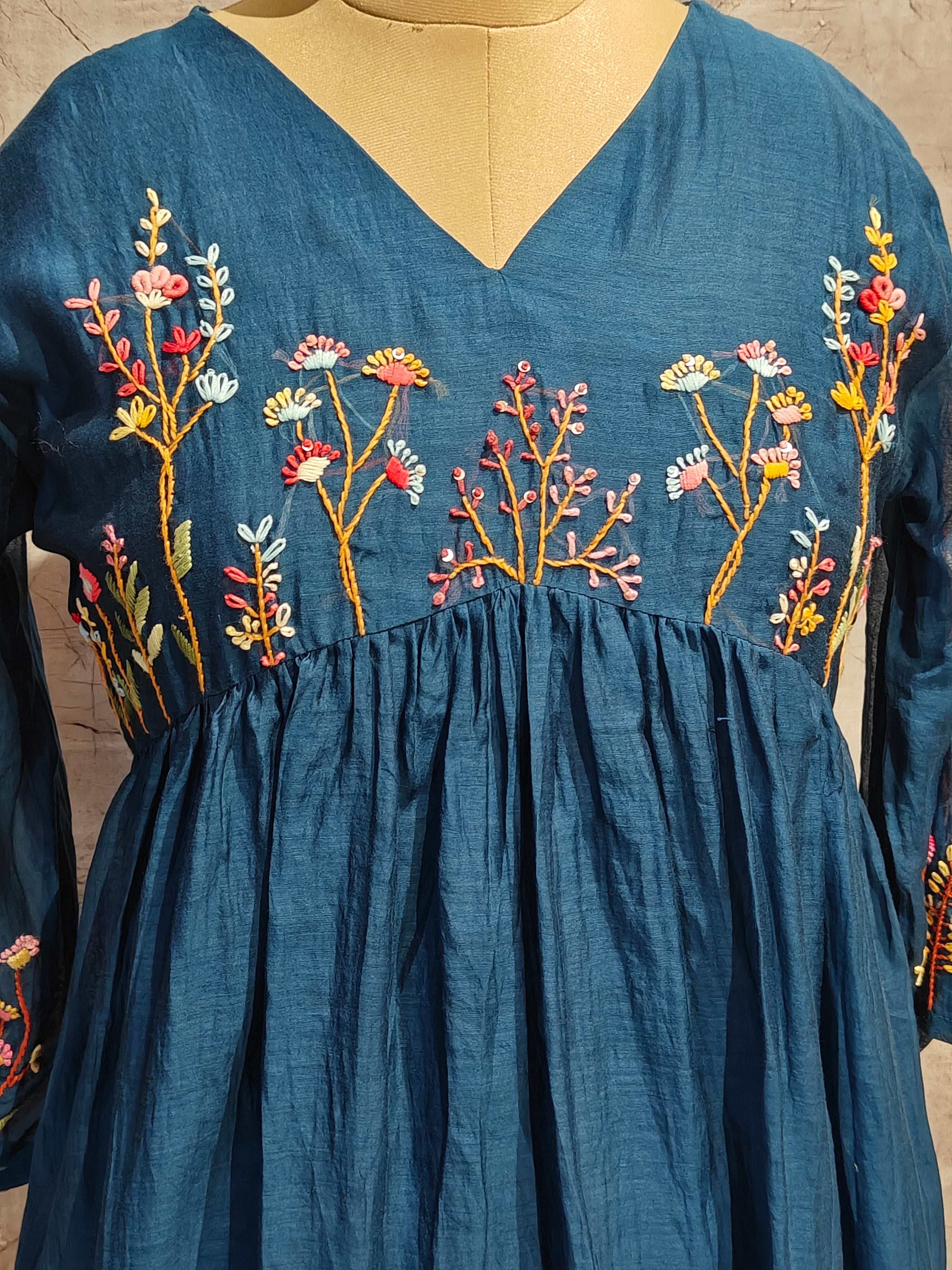 Blue Mul Chanderi Thread Embroidery kurtha 717