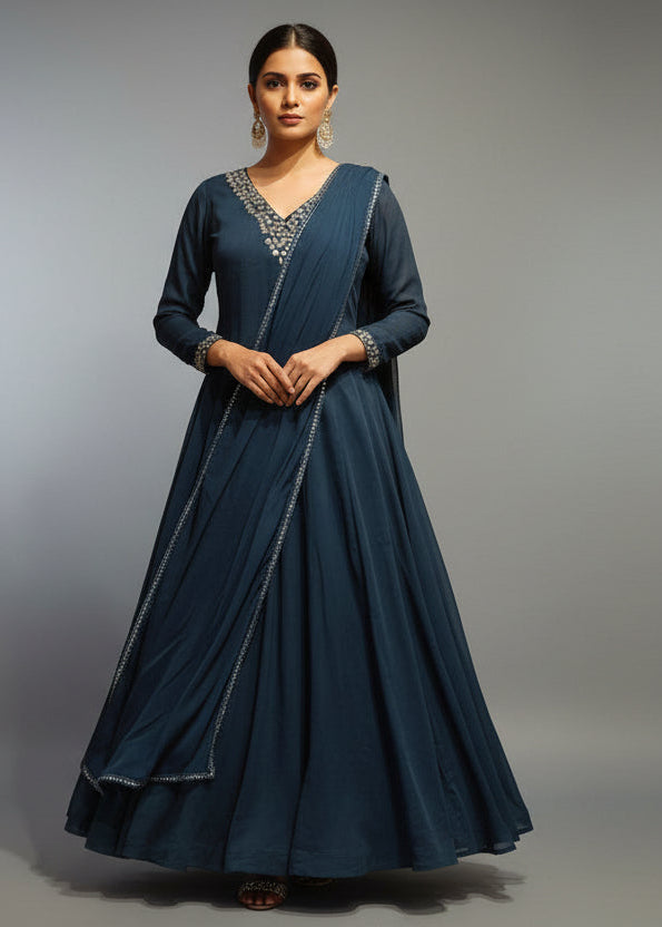 Peacock Blue Mul Chanderi Hand Embroidery Anarkali Kurtha 690
