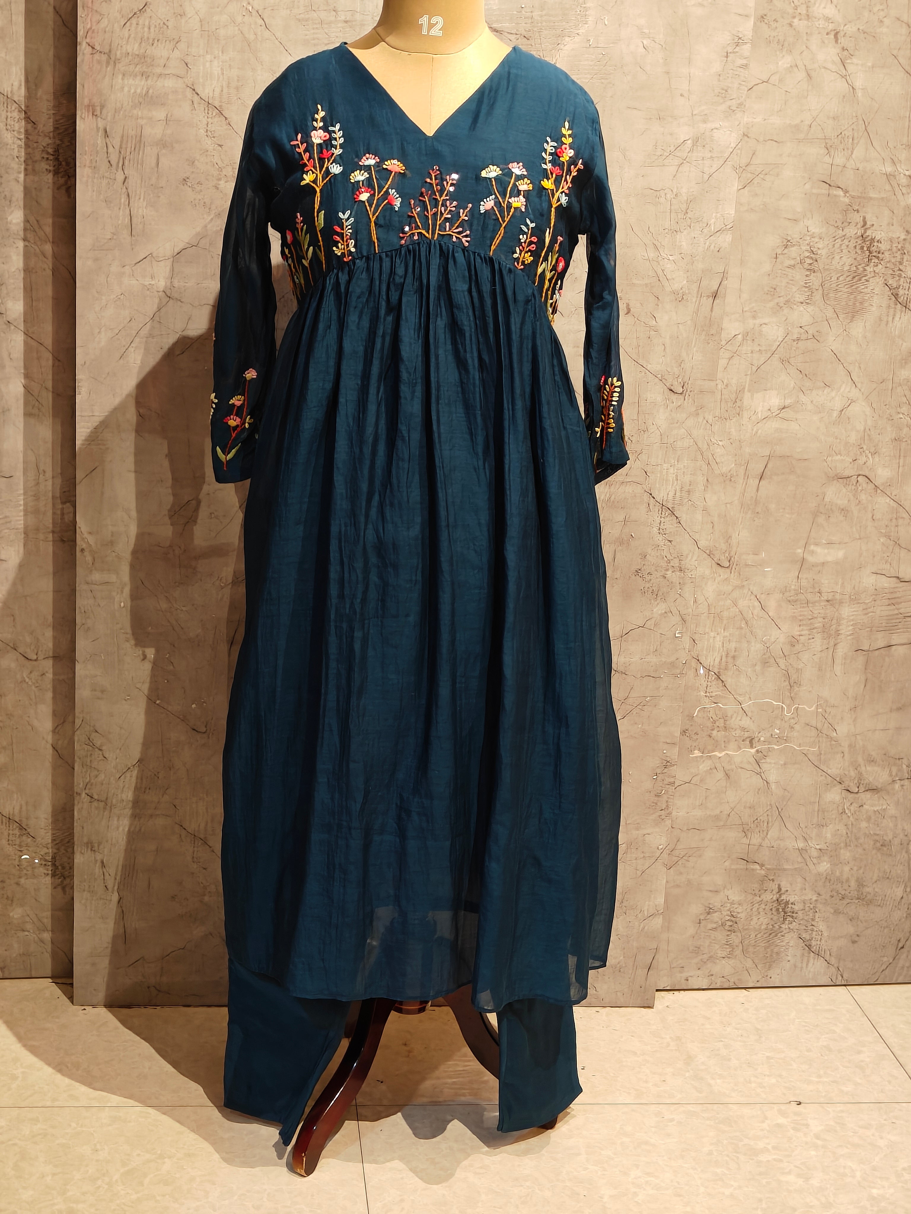 Blue Mul Chanderi Thread Embroidery kurtha 717