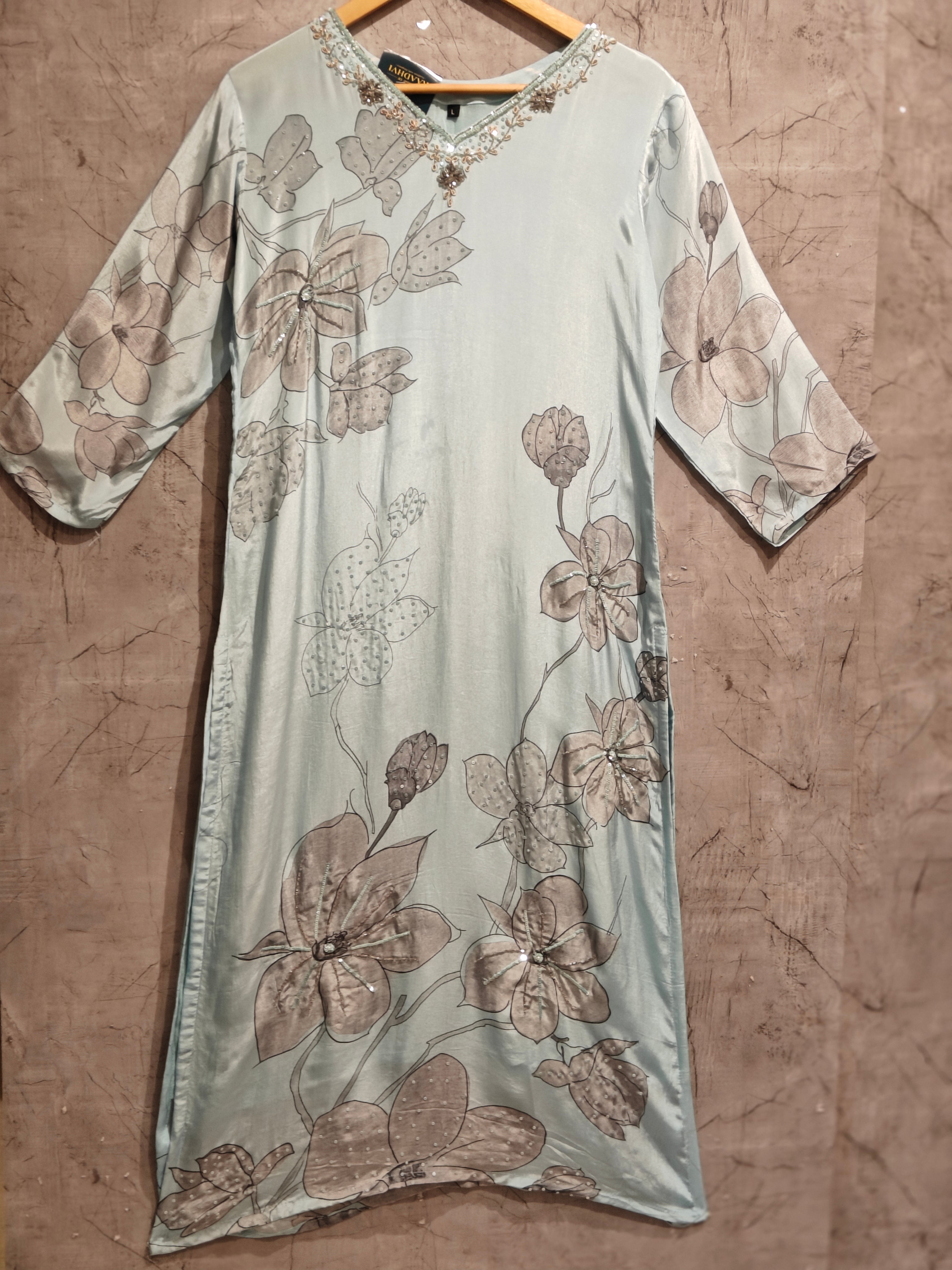 Blue Digital Print Handwork Crepe Kurtha 693