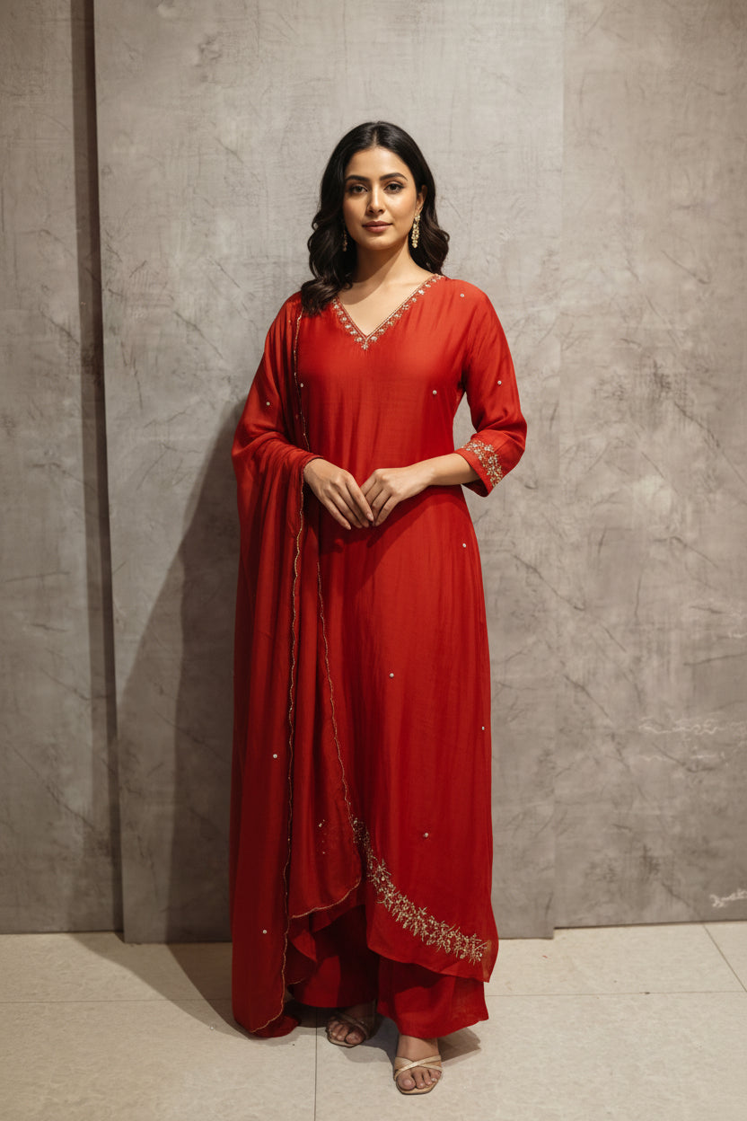 Orange Mul Chanderi Hand Embroidery Anarkali Kurtha 690