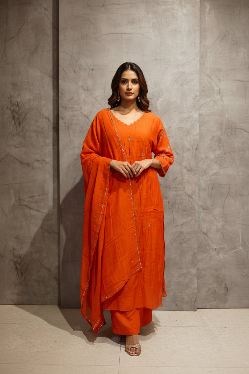Orange Mul Chanderi Designer Airline Kurtha Plus size