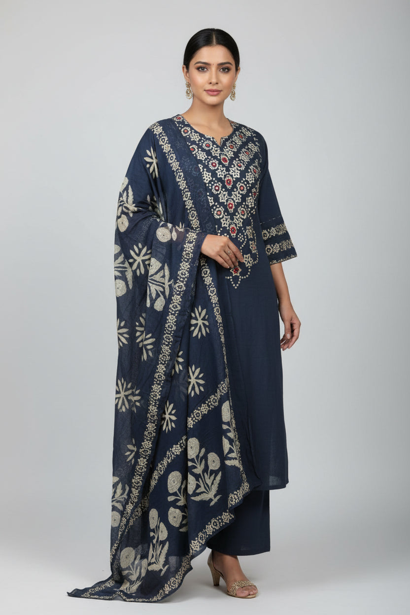 Navy Blue Cotton Straight Fit Block print Kurtha 643