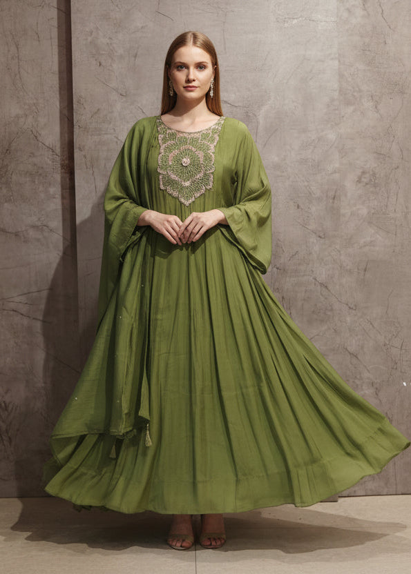 Green Mul silk Thread Embroidery Airline Kurtha 288