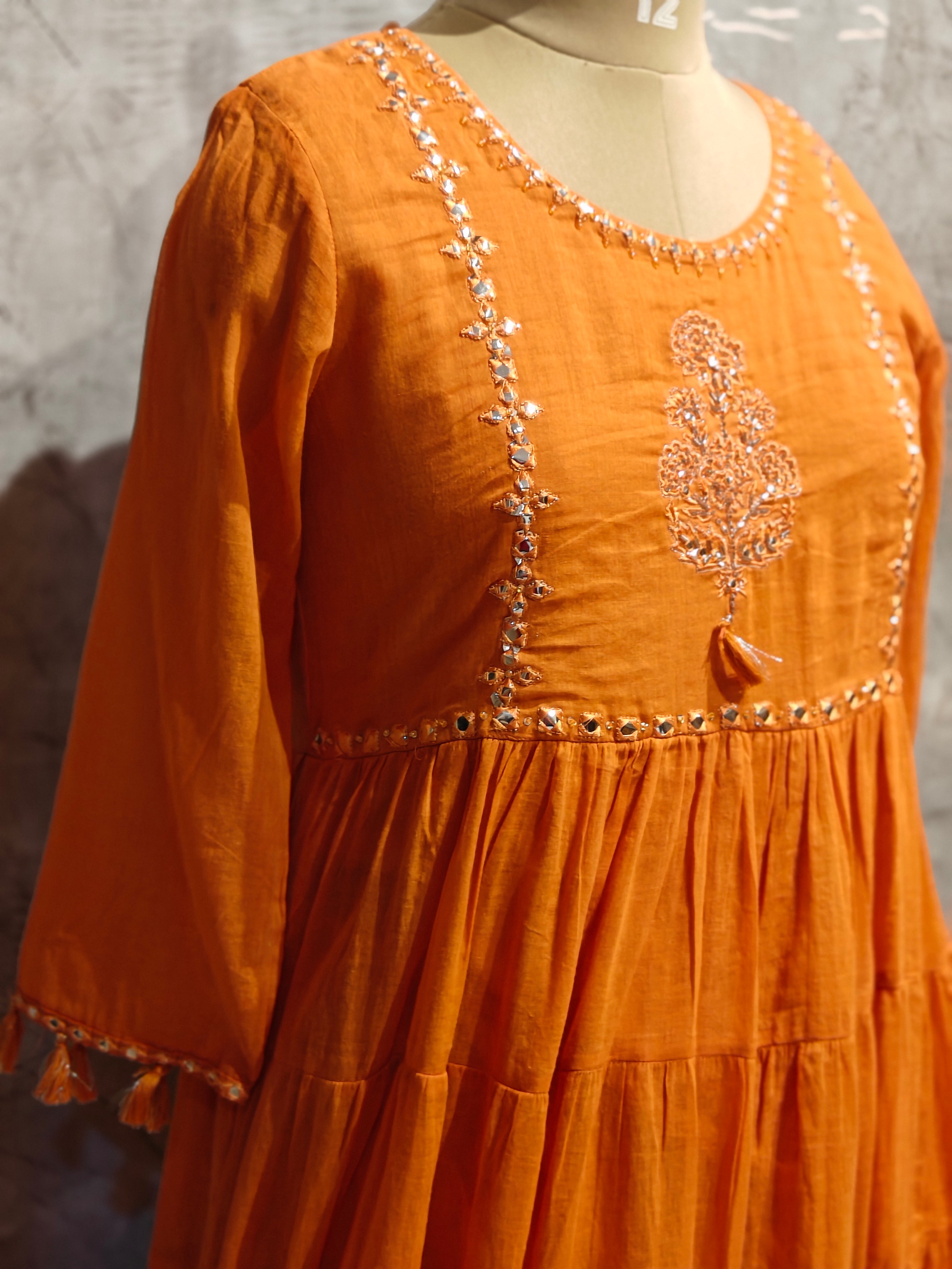 Orange Cotton Anarkali Mirror Work Kurtha 643