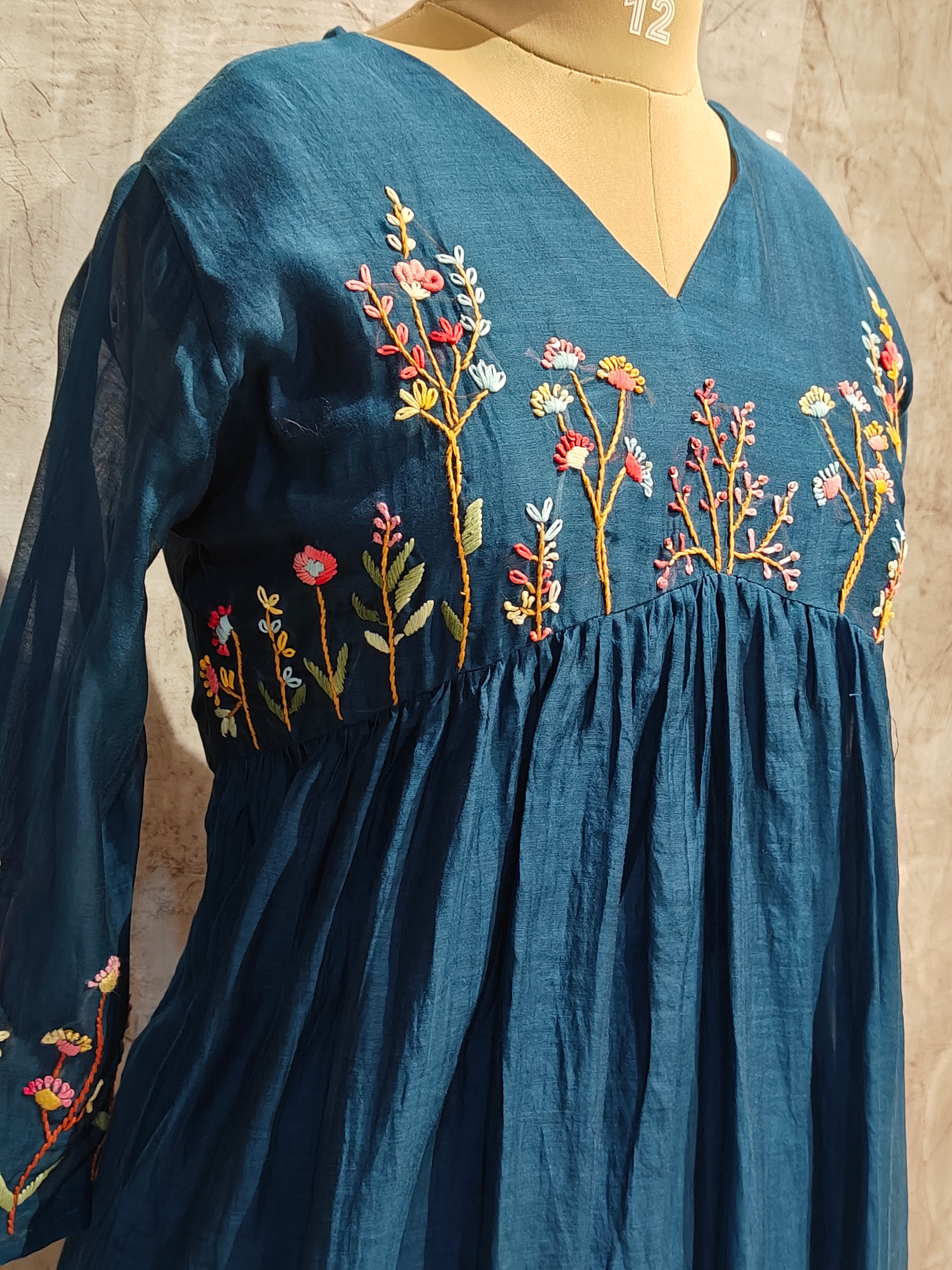 Blue Mul Chanderi Thread Embroidery kurtha 717