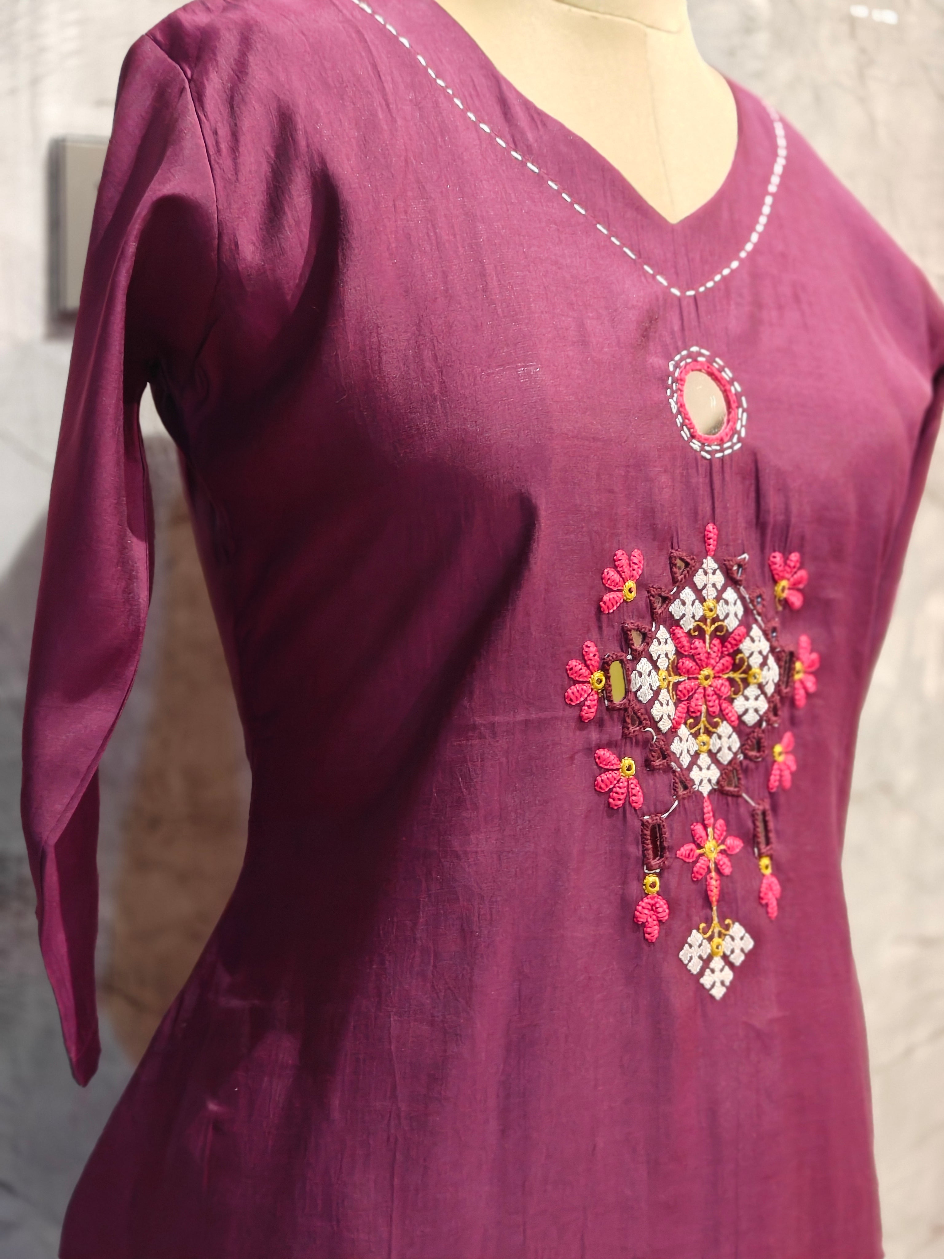 Purple Cotton Thread Embroidery work Cord Set Kurtha 413
