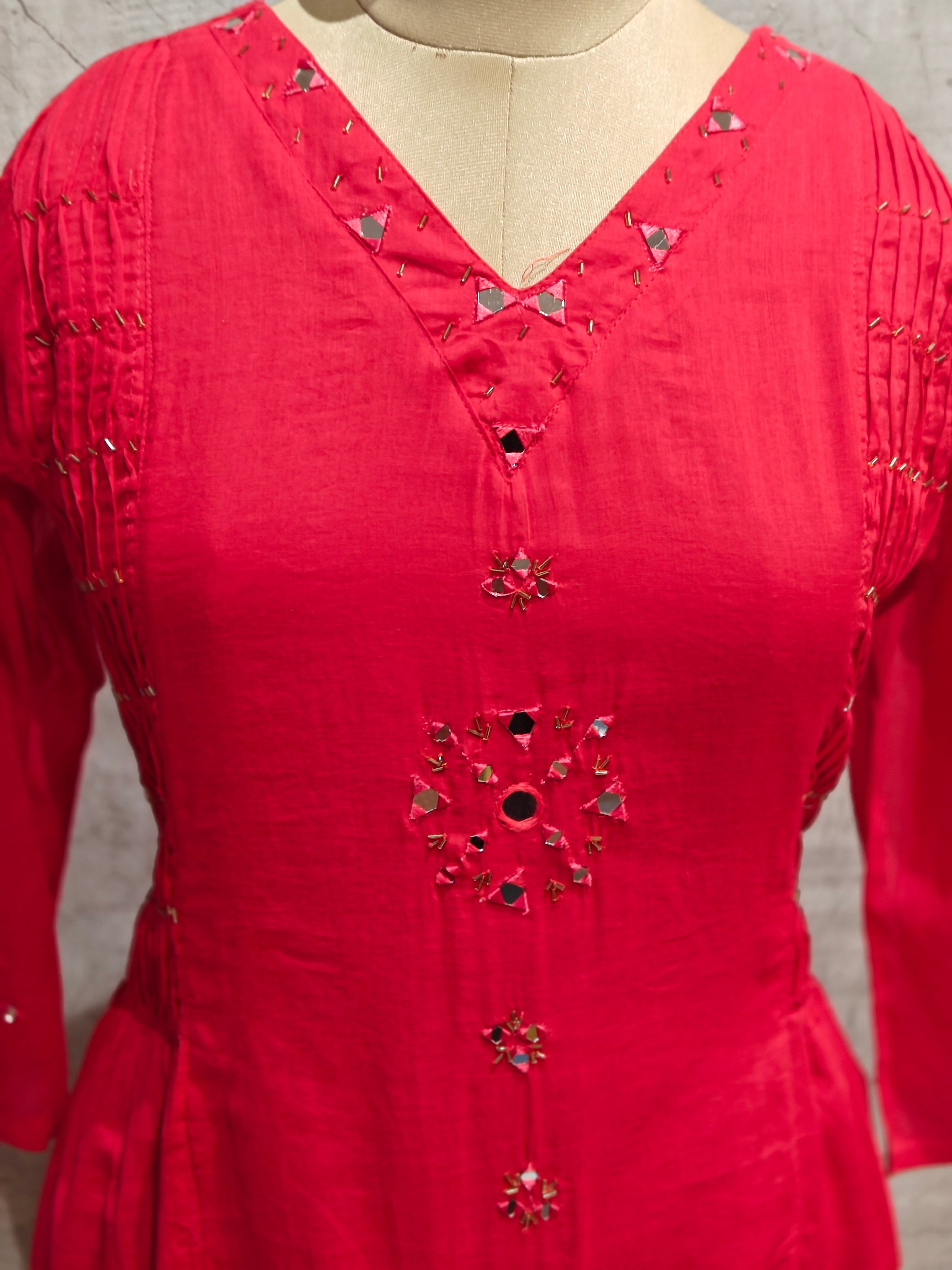 Pink Cotton Anarkali Mirror Work Kurtha 643