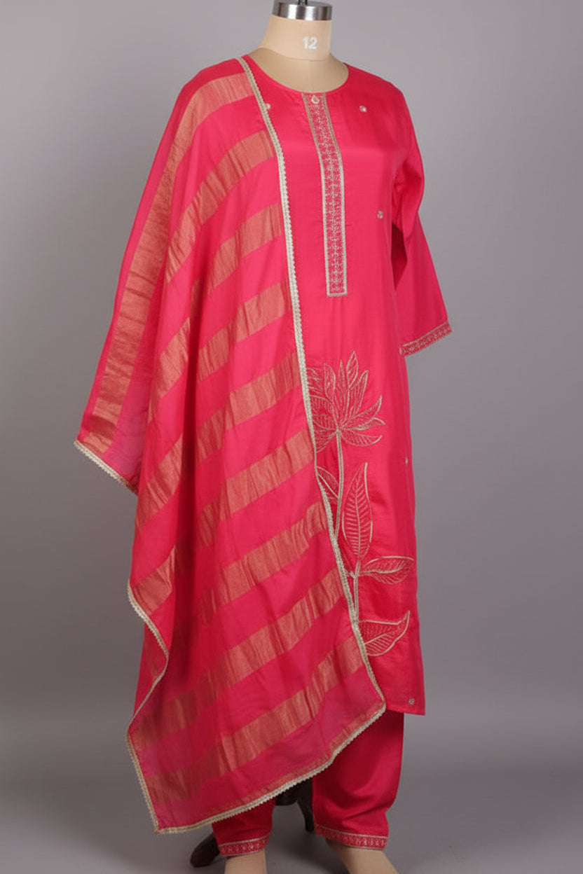 Pink Dola Silk Thread Embroidery Work Straight Fit Kurtha 390