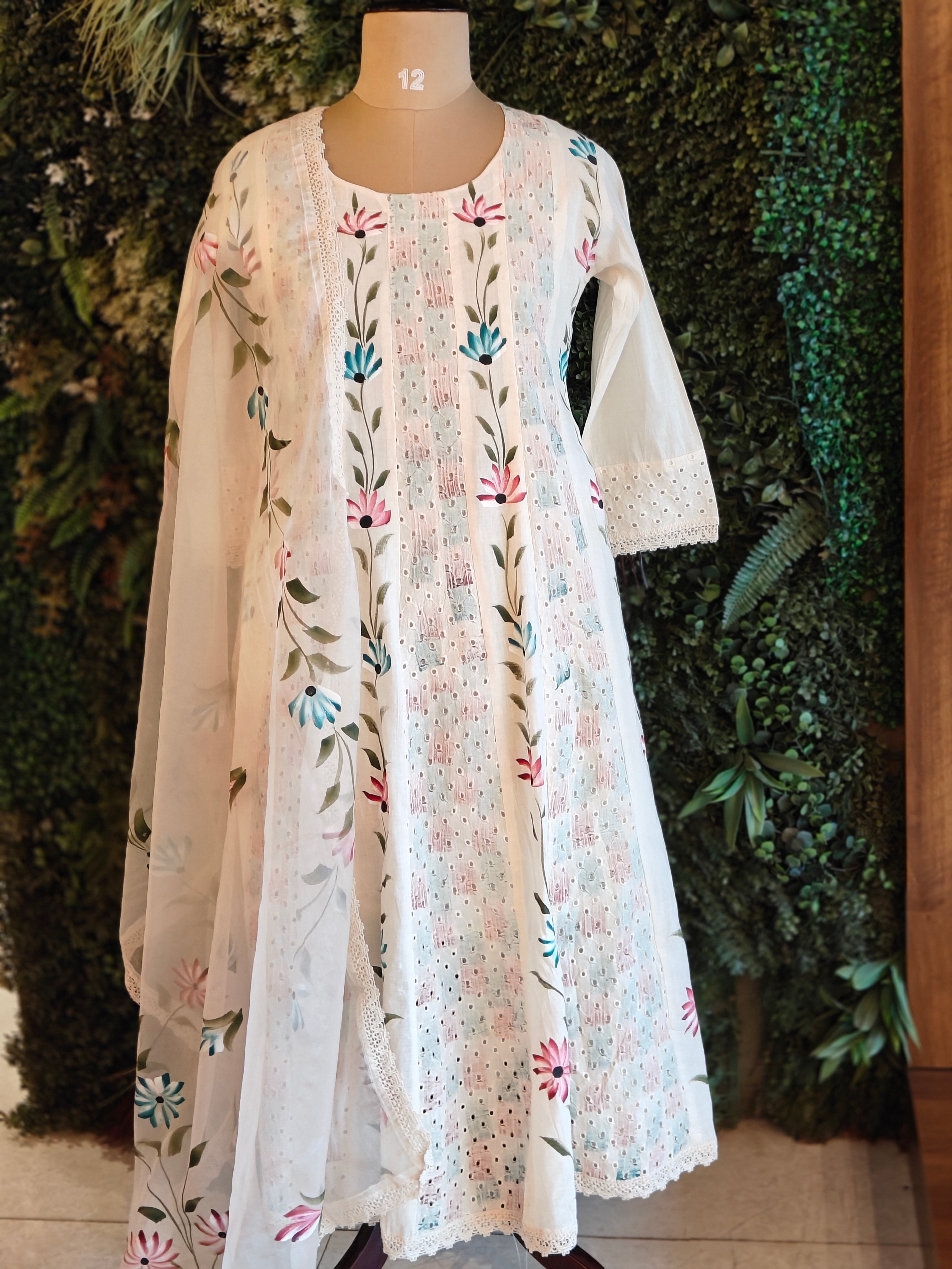 White Cotton Hacoba Work Anarkali Kurtha 459