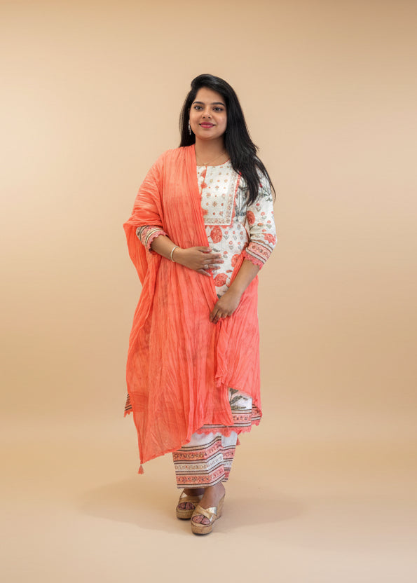 White nd orange Cotton Straight Fit Kurtha 377