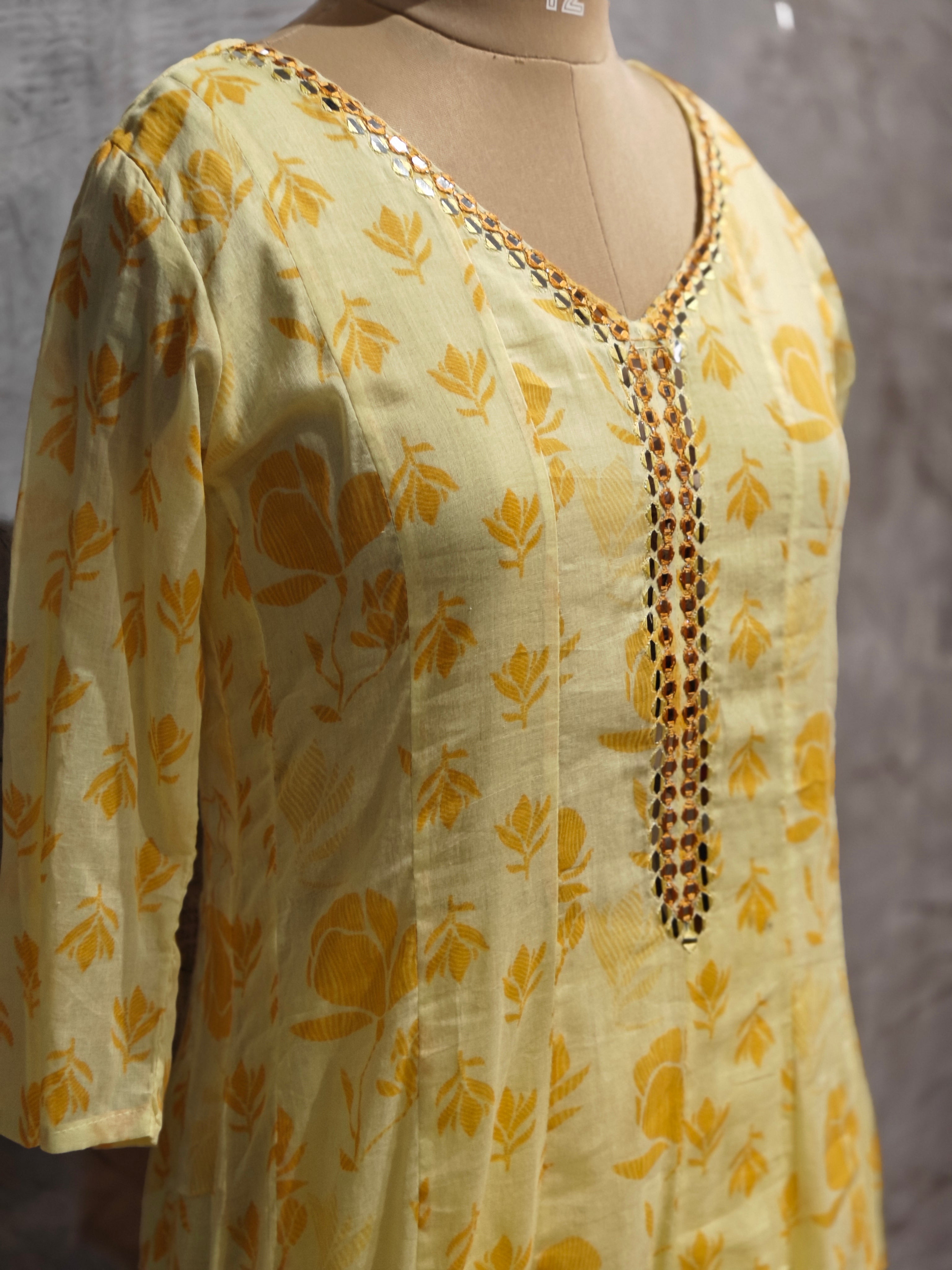 Yellow Cotton Block Print Anarkali  Kurtha 898