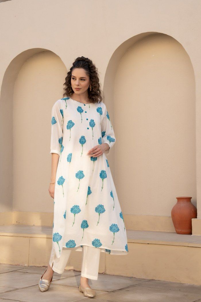 White nd Blue Cotton Thread Embroidery Cord set Kurtha 27