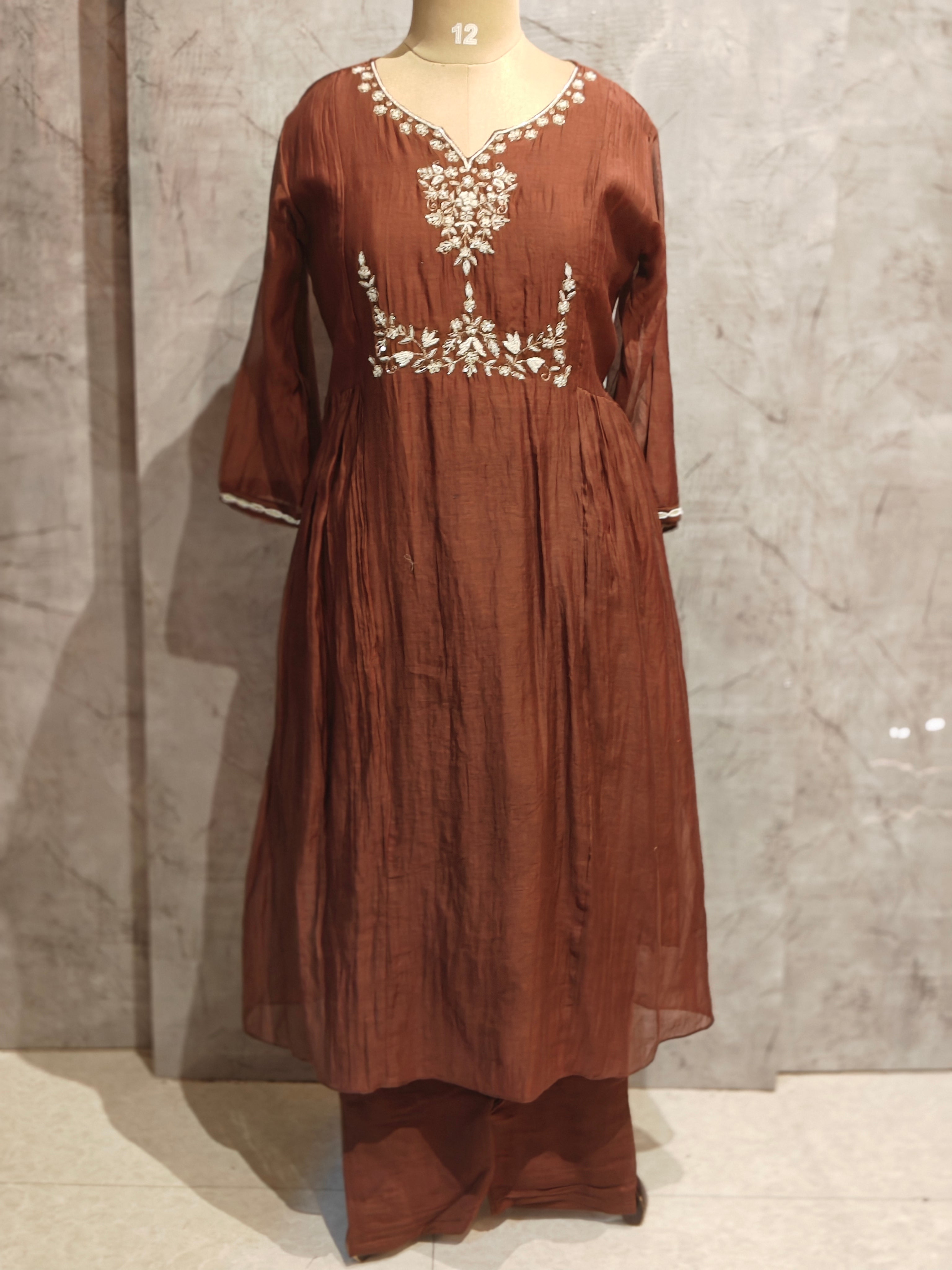 Brown Mul Chanderi silk Kurtha 765 with Handwork Embroidery