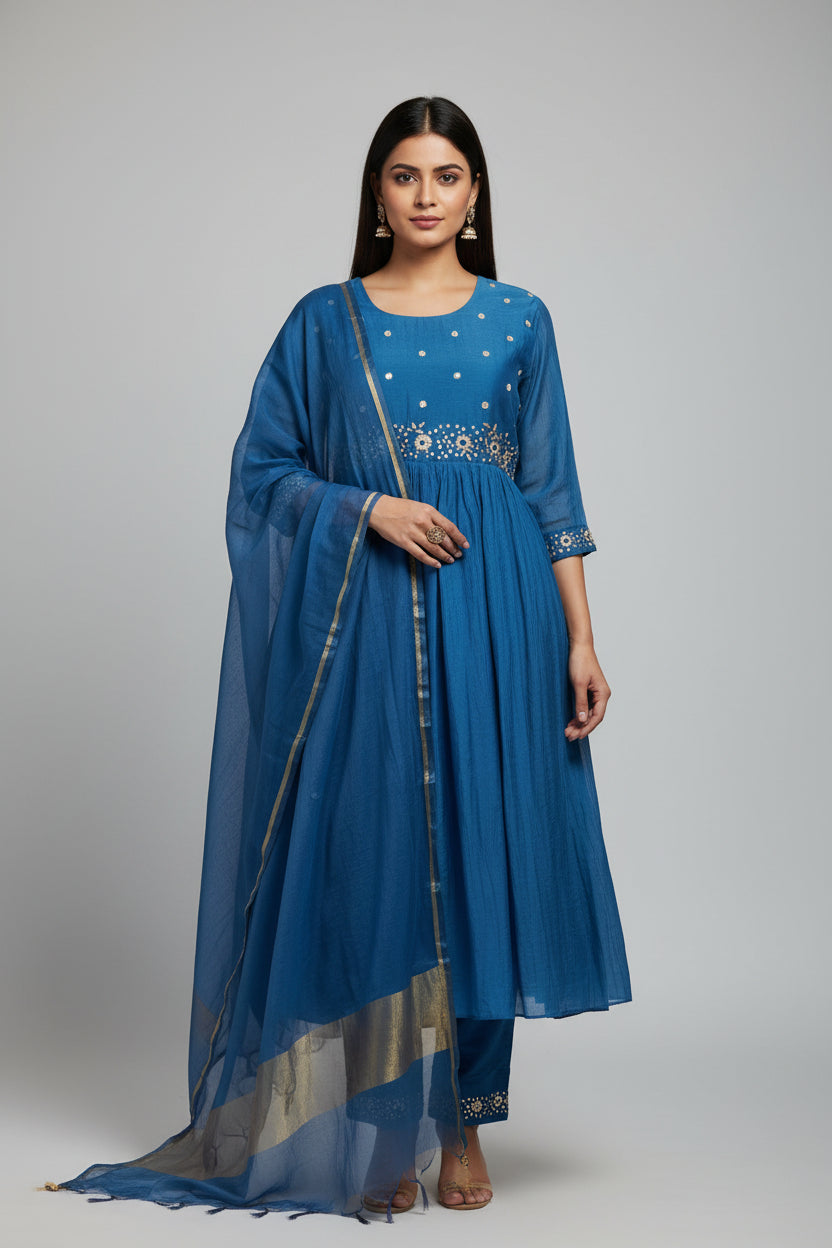 Blue Mul Chanderi Airline Handwork Kurtha 581