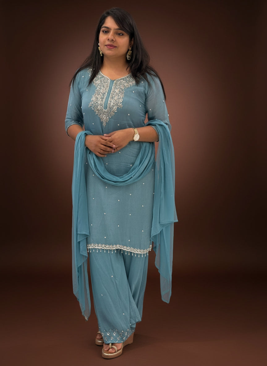 Blue Chinnon Hand Embroidery Sharara Kurtha 301 hu