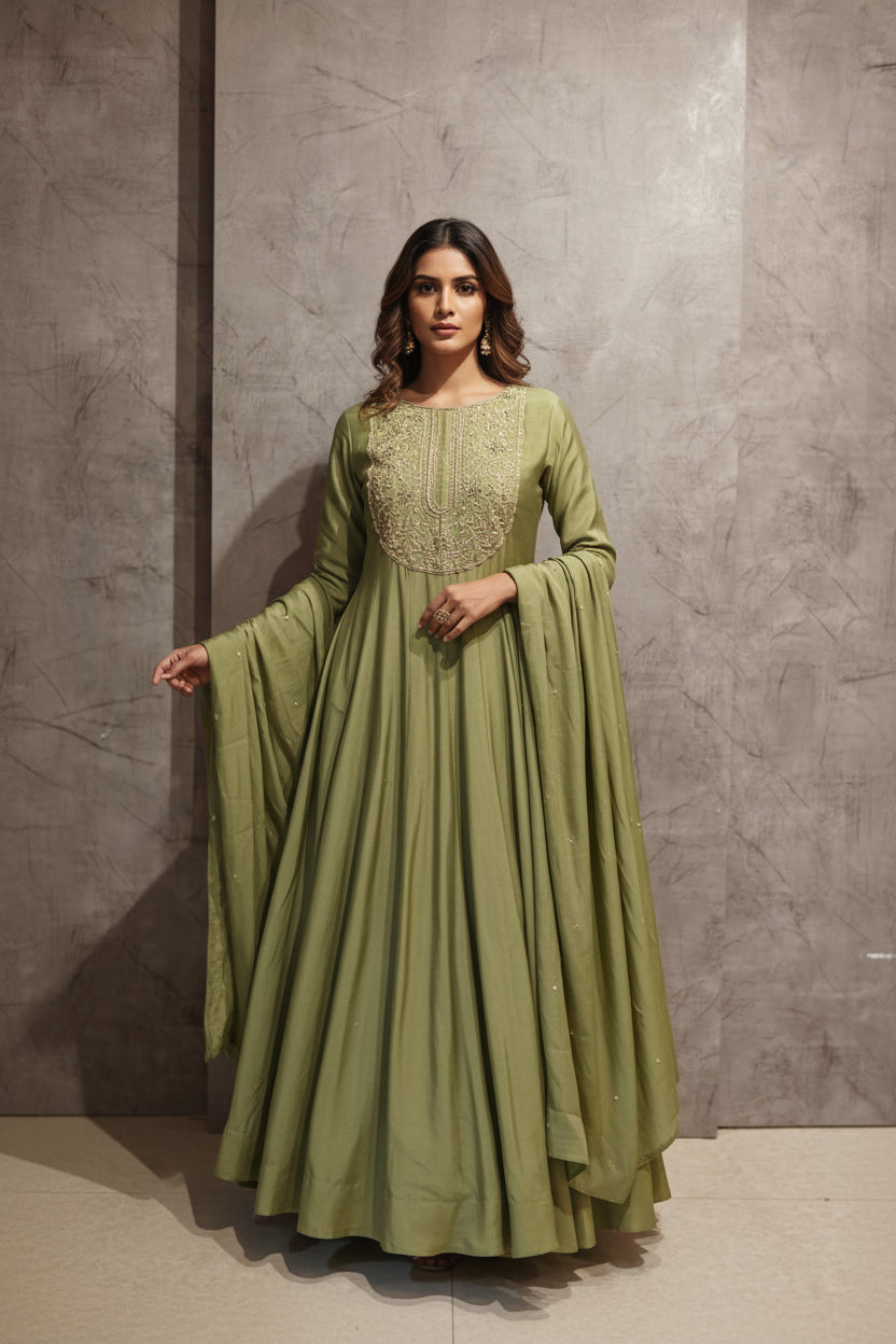 Green Mul silk Thread Embroidery Airline Kurtha 288