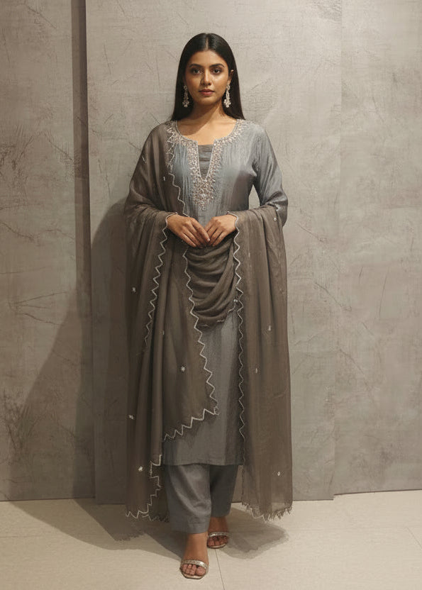 Grey Shimmer Hand Embroidery Kurtha