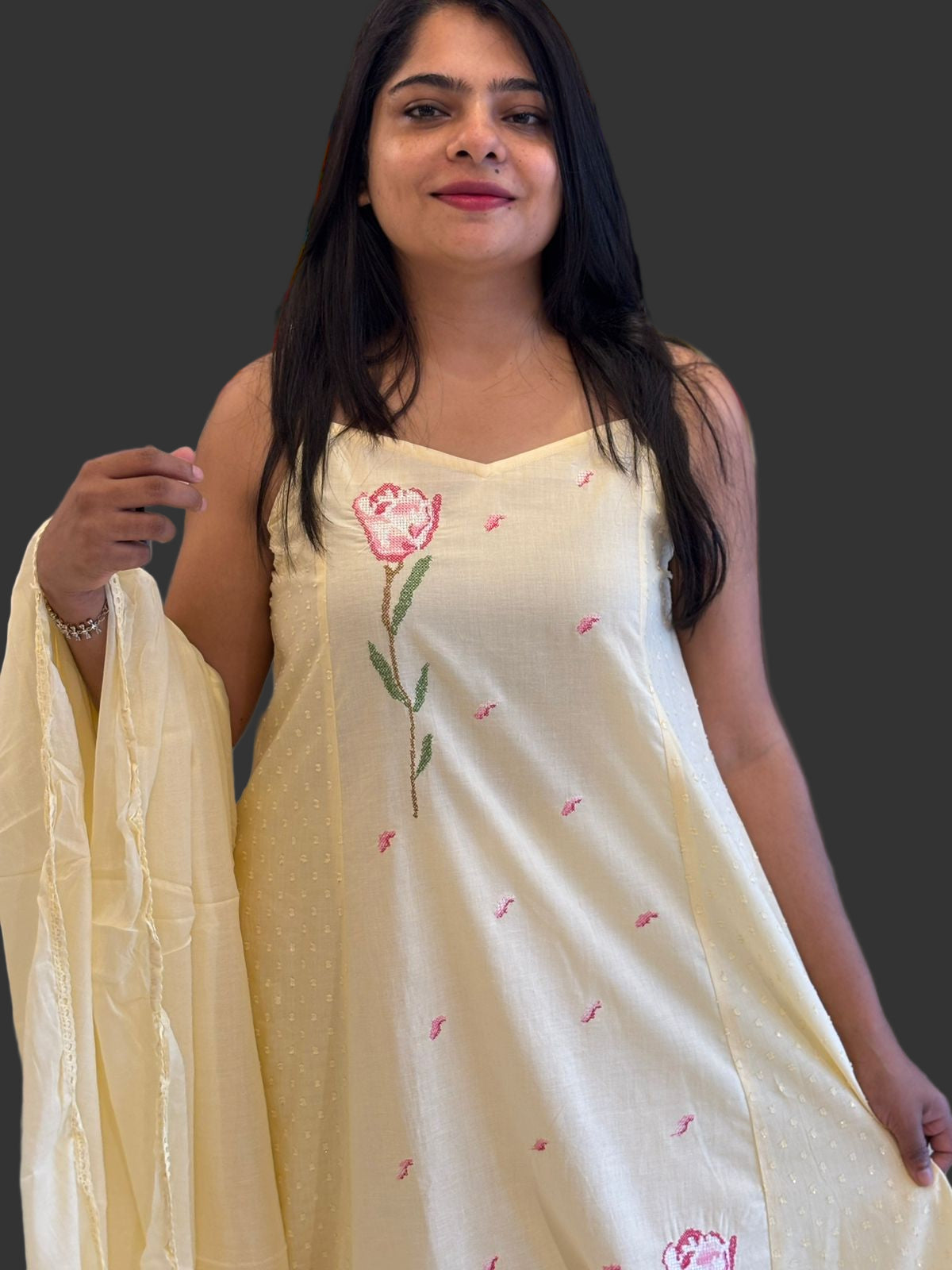 Light Yellow Mul Cotton sleevless Kurtha 18