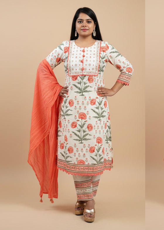 White nd orange Cotton Straight Fit Kurtha 377