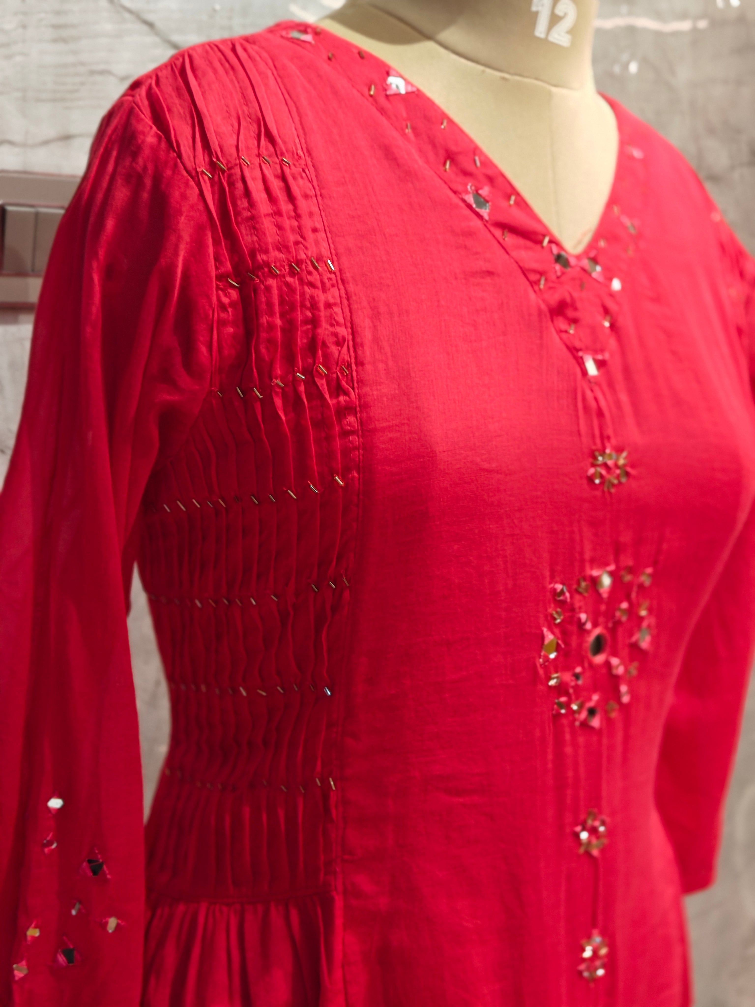 Pink Cotton Anarkali Mirror Work Kurtha 643