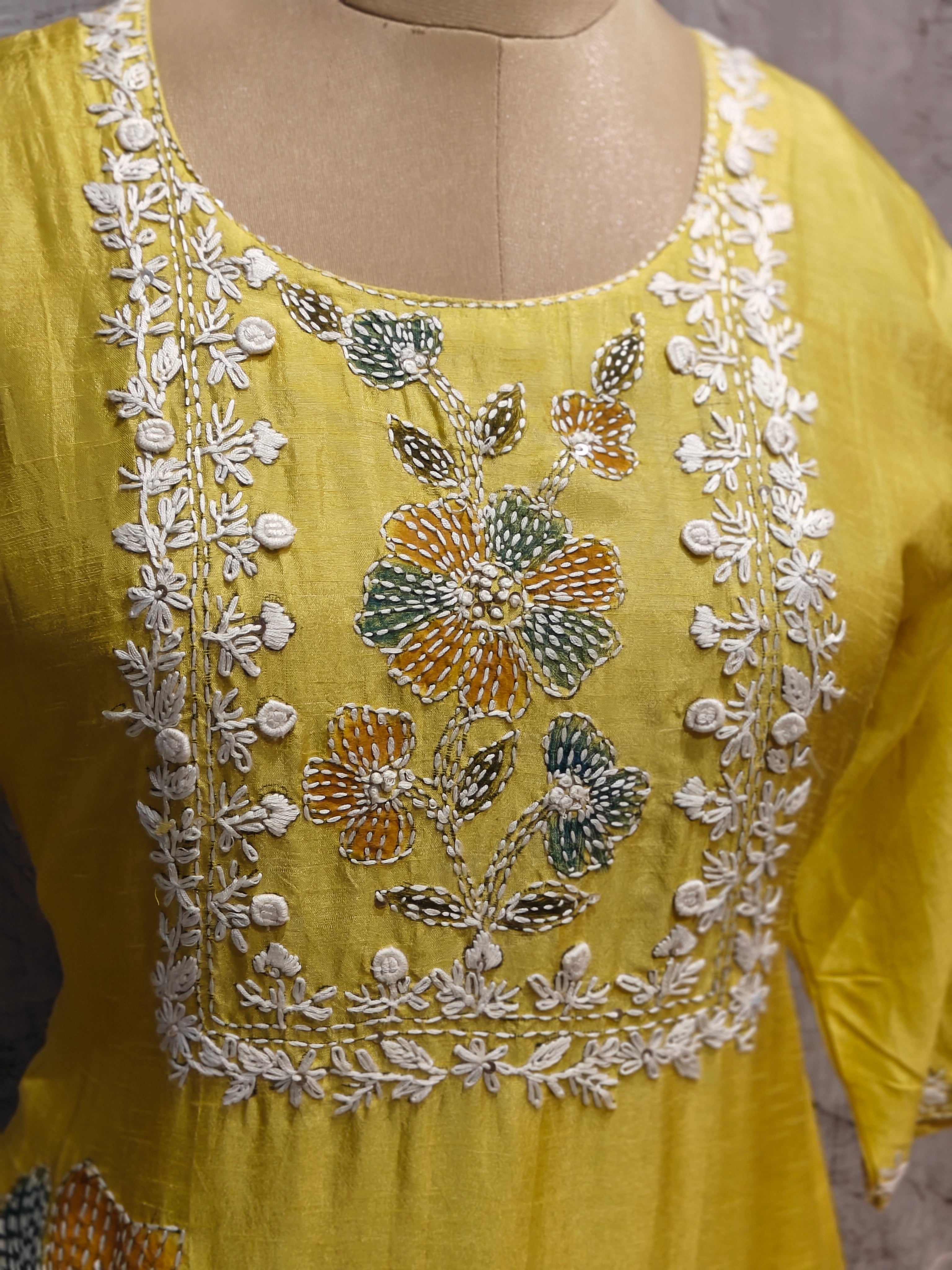 Yellow Dola Silk Thread Embroidery Kurtha 649