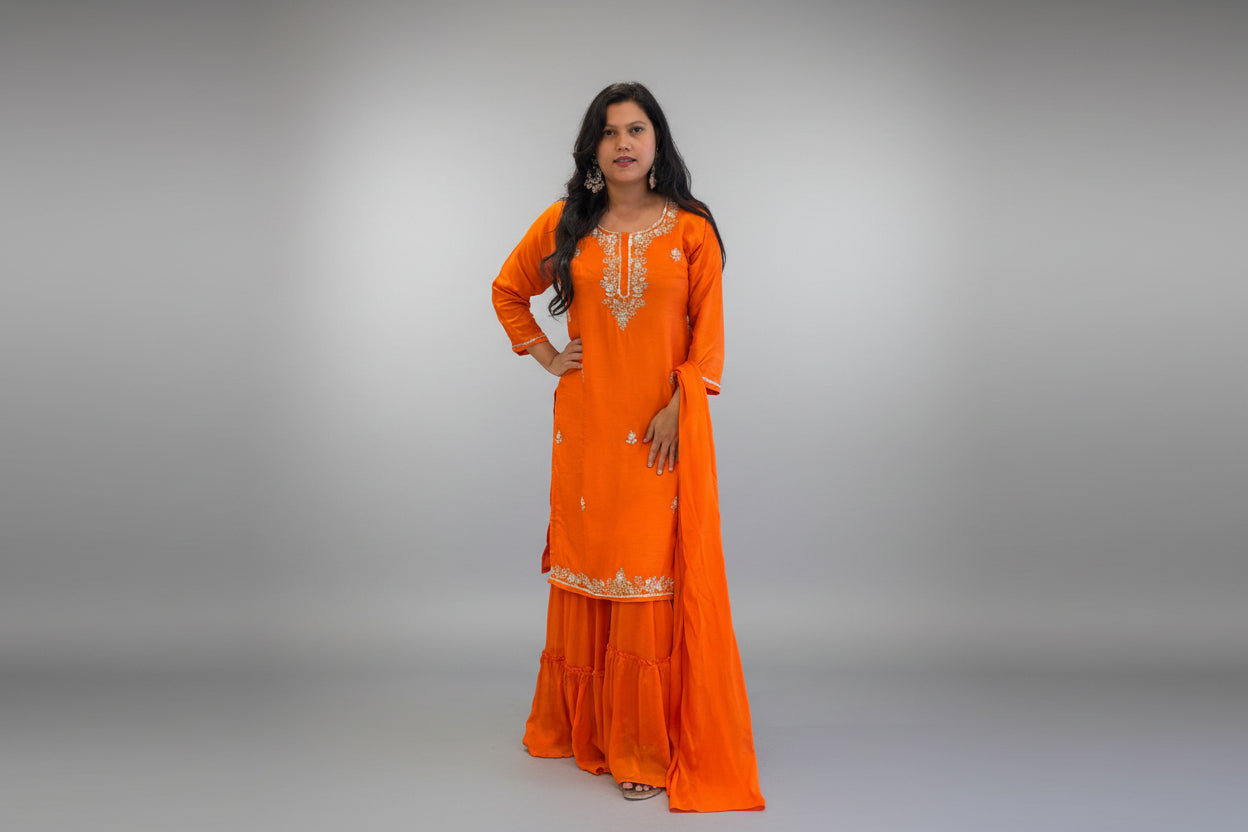 Orange Dola Silk Hand Embroidery Sharara Kurtha 301