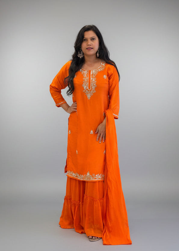 Orange Dola Silk Hand Embroidery Sharara Kurtha 301