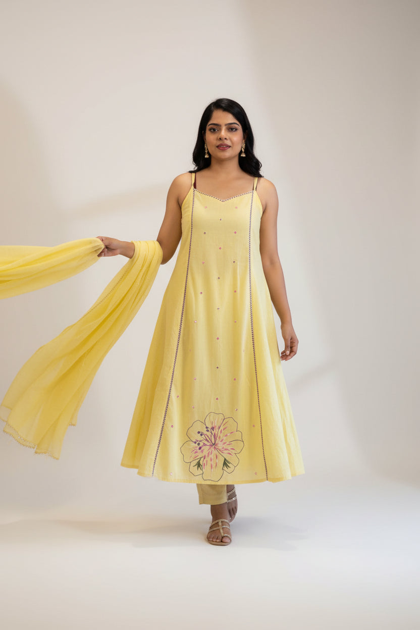 Lemon yellow Mul Cotton Kurtha sleevless 707