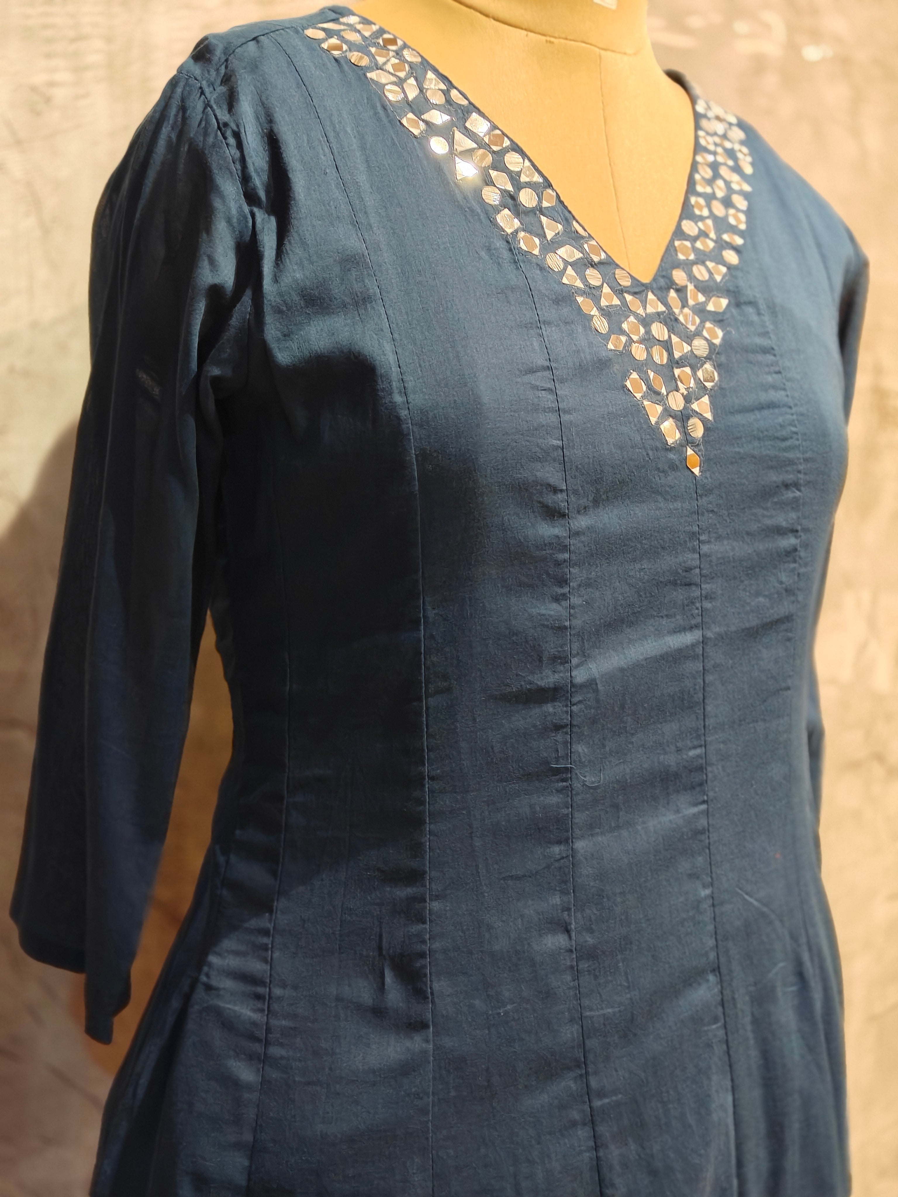 Peacock Blue Mul Chanderi Hand Embroidery Anarkali Kurtha 690