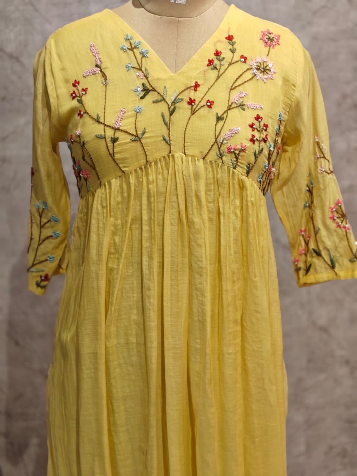 Yellow Mul Chanderi Thread Embroidery kurtha 717