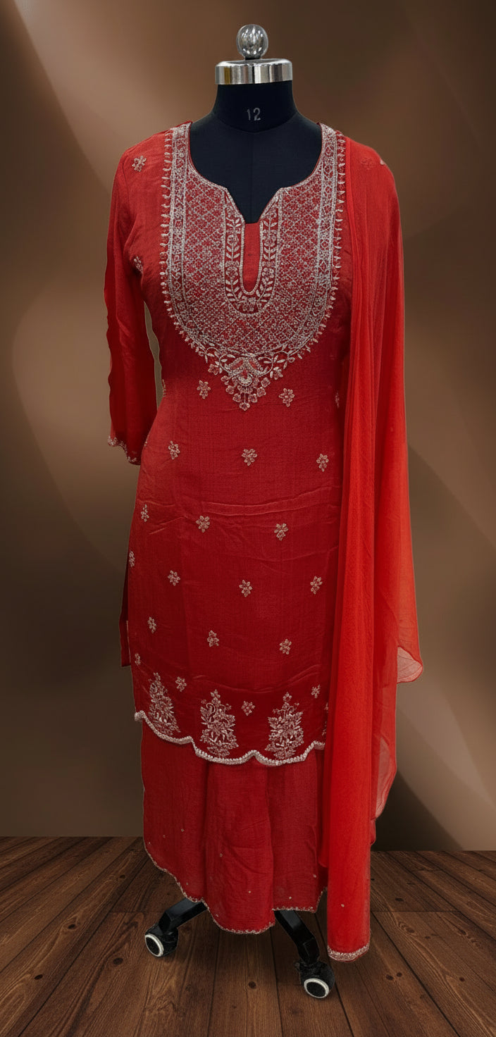 Red Chinnon Hand Embroidery Sharara Kurtha