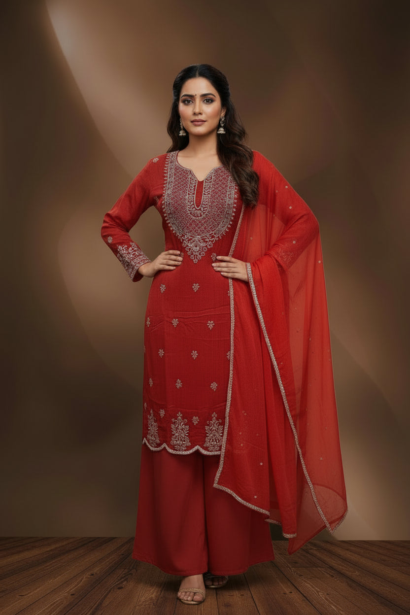 Red Chinnon Hand Embroidery Sharara Kurtha 301