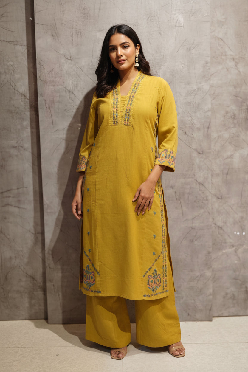 Yellow Cotton Airline Cord Set Kurtha 676
