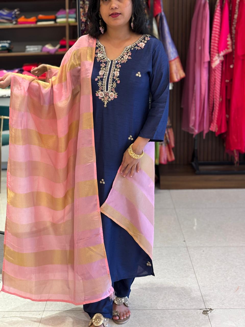Purple Dola Silk Handwork Straight Fit Kurtha 427