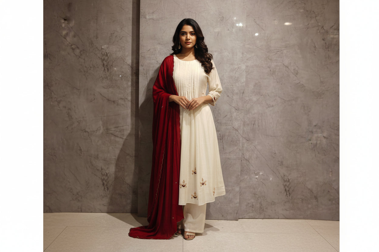 White Mul Chanderi Airline Handwork Kurtha 581