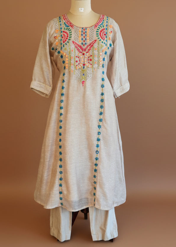 Grey Kota Silk Thread Work Anarkali Plus Size Kurtha