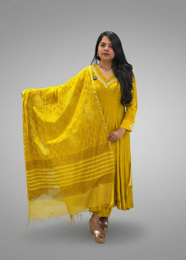Yellow Mul Chanderi Anarkali Handwork Kurtha 621